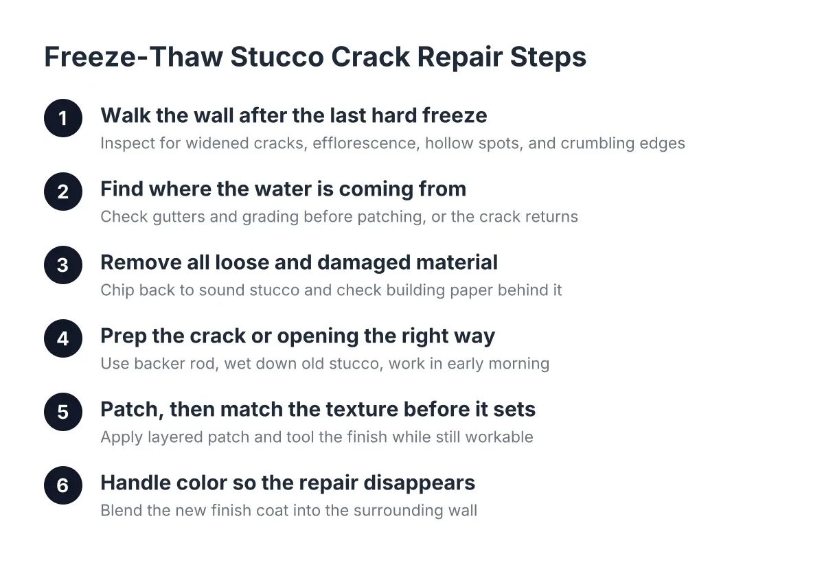 Diagram of steps for freeze-thaw stucco crack repair in Castle Rock, CO homes