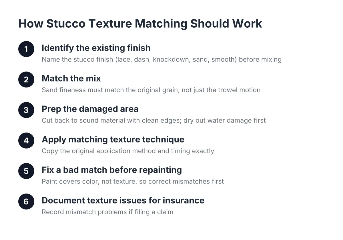 Six-step process diagram showing how to prevent stucco repair texture mismatch