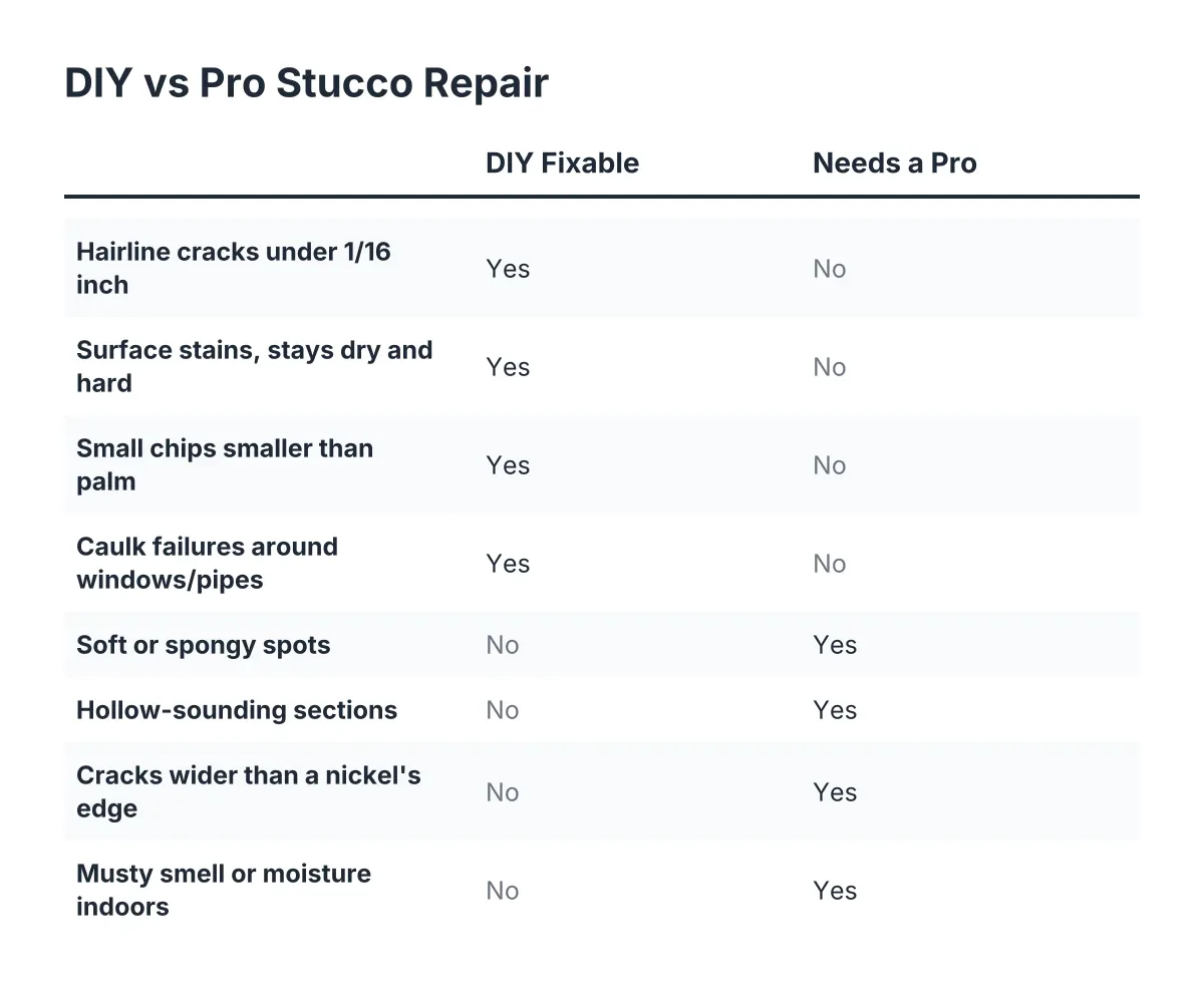 Comparison checklist of DIY vs pro stucco water damage repair signs
