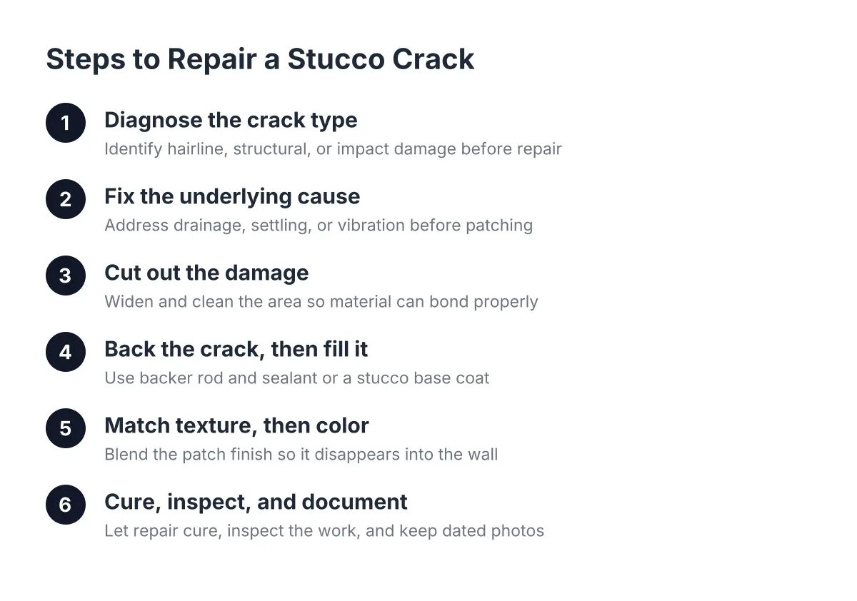 Diagram of six steps for an exterior stucco patch repair process