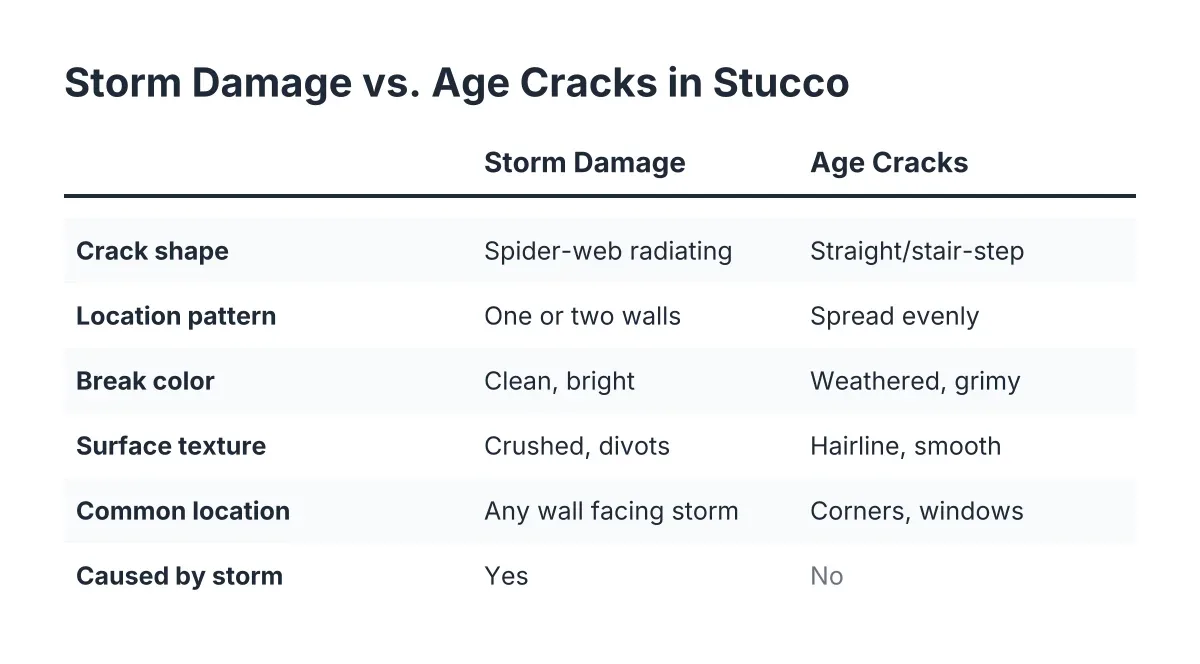 Comparison checklist of storm damage versus age cracks for stucco crack urgency