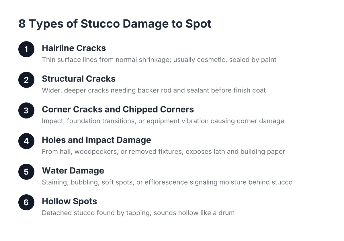 Numbered steps showing eight types of stucco damage from hairline cracks to aging wear