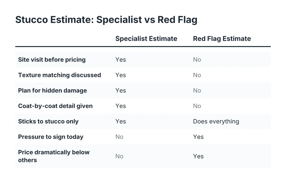 Checklist comparing specialist stucco estimates against common stucco estimate red flags