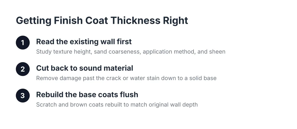 Steps showing how crews match stucco finish coat thickness during a wall repair