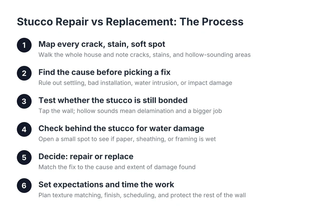 Diagram of steps for deciding stucco repair vs replacement on a home wall