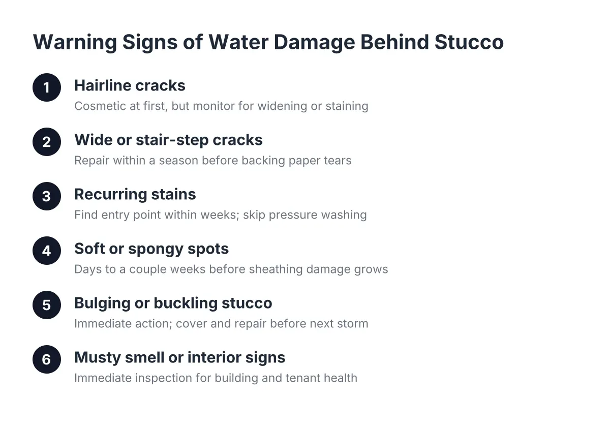 Sequence of warning signs for water damage behind stucco from cracks to interior symptoms