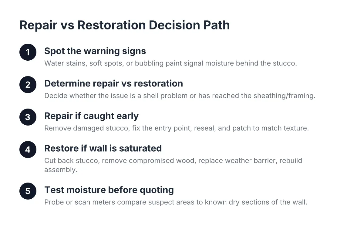 Steps showing stucco water damage restoration process from symptoms to repair or wall opening